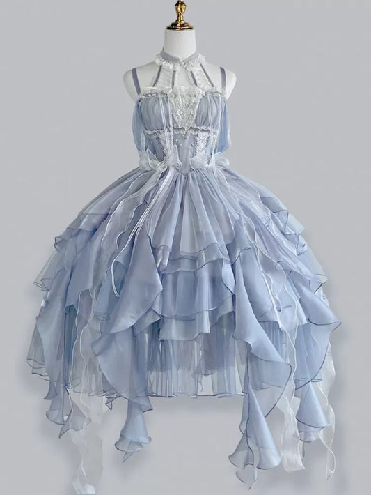 Dress Cascading Blue Fairy Dusty JSK Skirt Waist Princess Lolita Corset Layered Trim Ruffle
