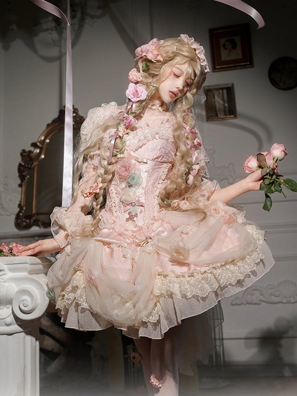 Robe princesse Lolita Hanayome à taille corset et baleines, motif floral rose