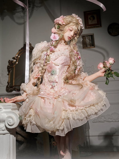 Robe princesse Lolita Hanayome à taille corset et baleines, motif floral rose