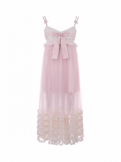 Rosa Länge Slip Spitzenkleid Rüschen Bowknot Tiered Knöchel mit