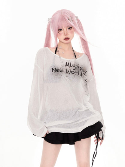 White Letter Print Coverup Semi-sheer Neckline Asymmetrical