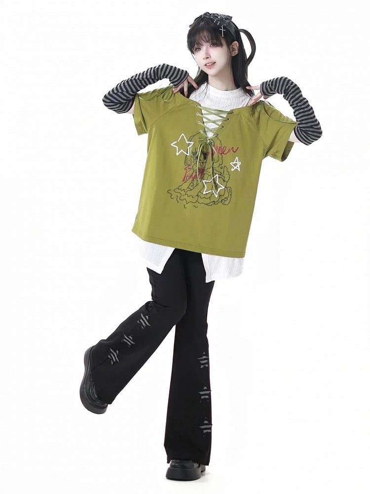 Black Star Appliques Flared Pants