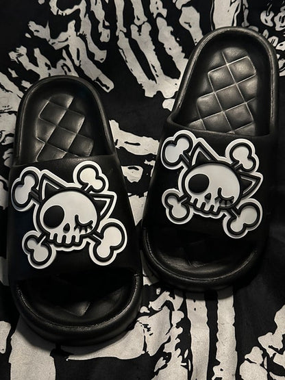 White Gothic Summer and Applique Skeleton Slippers Black