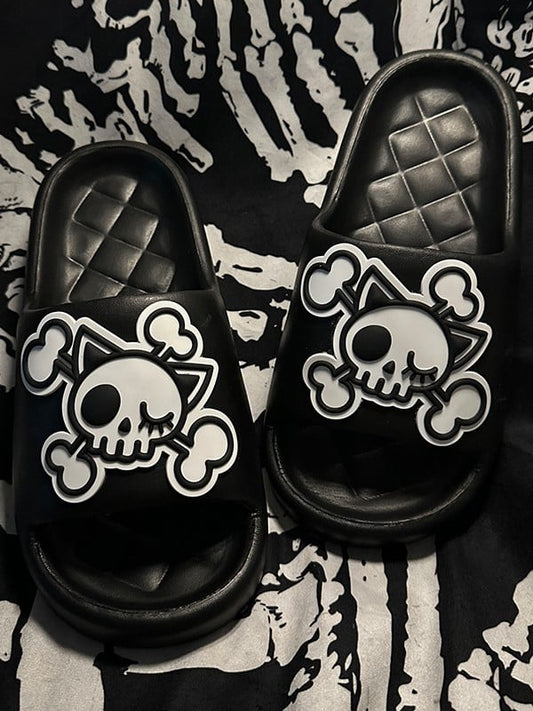 White Gothic Summer and Applique Skeleton Slippers Black