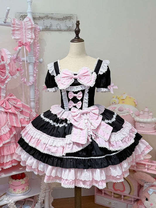Piece and Pink Sleeves Lolita Bow One Dress Sweet Short Accents Black