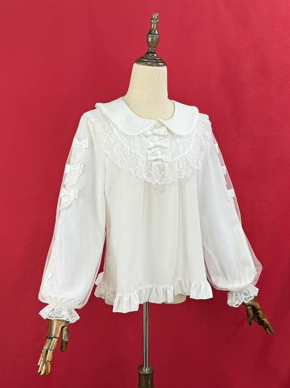 White Peter Pan Collar Bows Decorated Long Balloon Sleeves Blouse