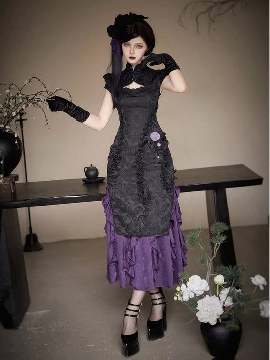 Cascading Black Vibes Qipao Trim Jacquard Purple Lolita Dress Qi Hem Cthulhu Ruffle