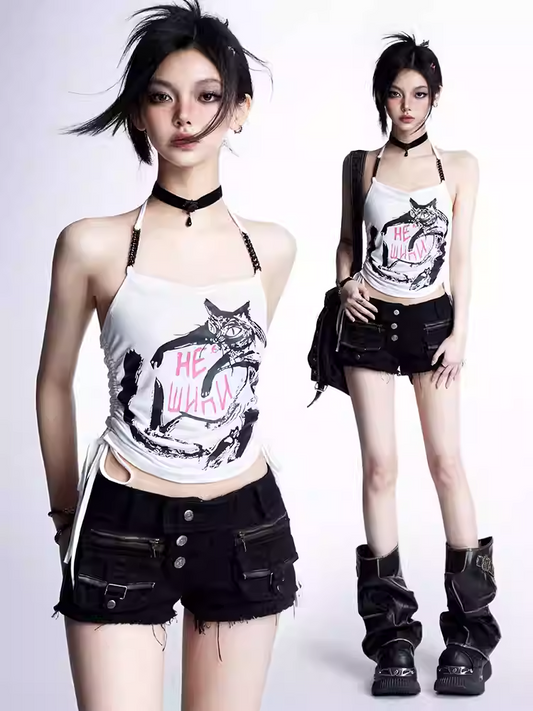 Black/White Top Waist Glamorous Drawstring Cat Graffiti Print Halter Neck