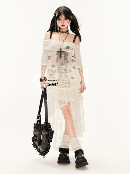 Apricot/Black Off-the-shoulder Criss-Cross Straps Cartoon Girl Print Coverup