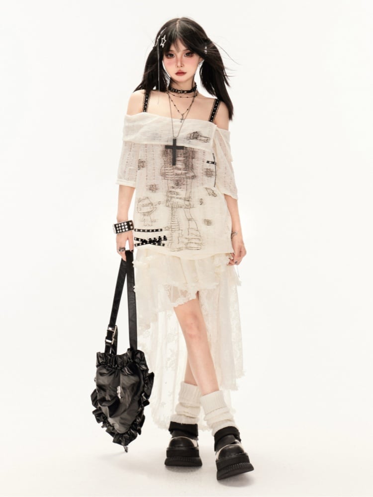 Apricot Low Skirt Waist Asymmetrical Hem High-low Tiered Lace