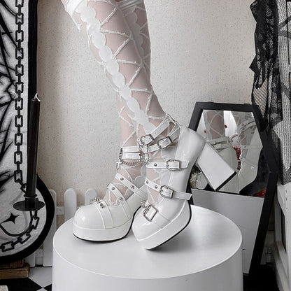 Silver-tone Studs Chains Punk White Block Heel Platform Shoes