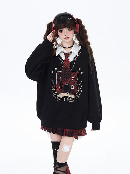 Black Preppy Faux Two-pieces Loose Sweatshirt with Red Plaid Tie