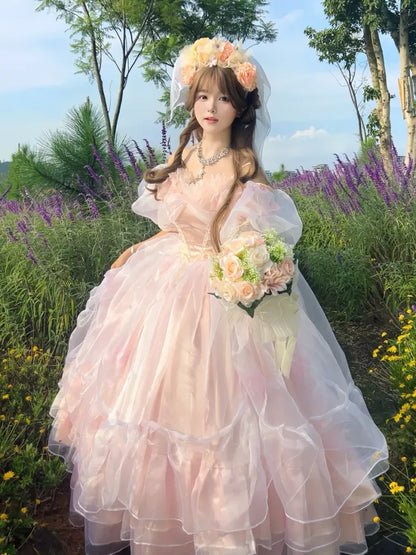Hanayome Verfügbares rosafarbenes baskisches Taillen-Schnürkleid, wunderschönes Hime-Kleid in Übergrößen