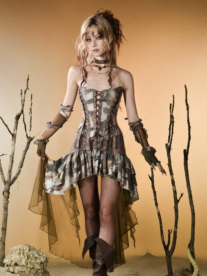 High-low Punk Brown Skirt Snakeskin Design Tiered Pattern Wasteland