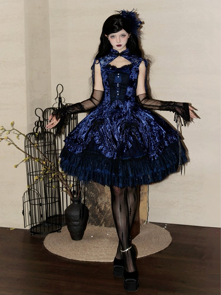 Dark Blue Cheongsam Collar Snake Bones Embroidery Velvet Sleeveless Top