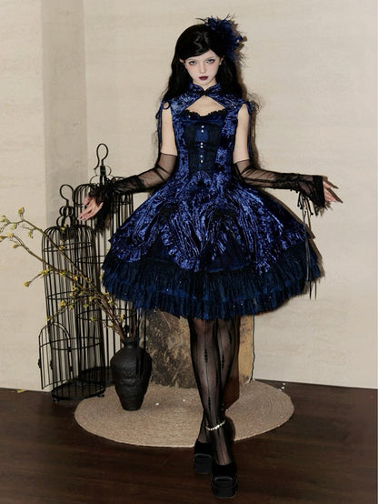 Dark Blue Cheongsam Collar Snake Bones Embroidery Velvet Sleeveless Top