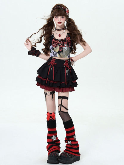 and at Red Black Lace-up Tiered Punk Y2K Waist Details Rock Skirt
