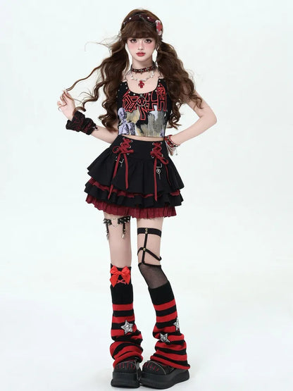 Skirt at Tiered Lace-up Punk Details Red and Black Waist Y2K Rock