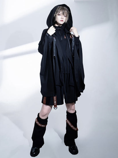 Buckle Hooded Lolita Techwear Ouji Strappy Jacket Black