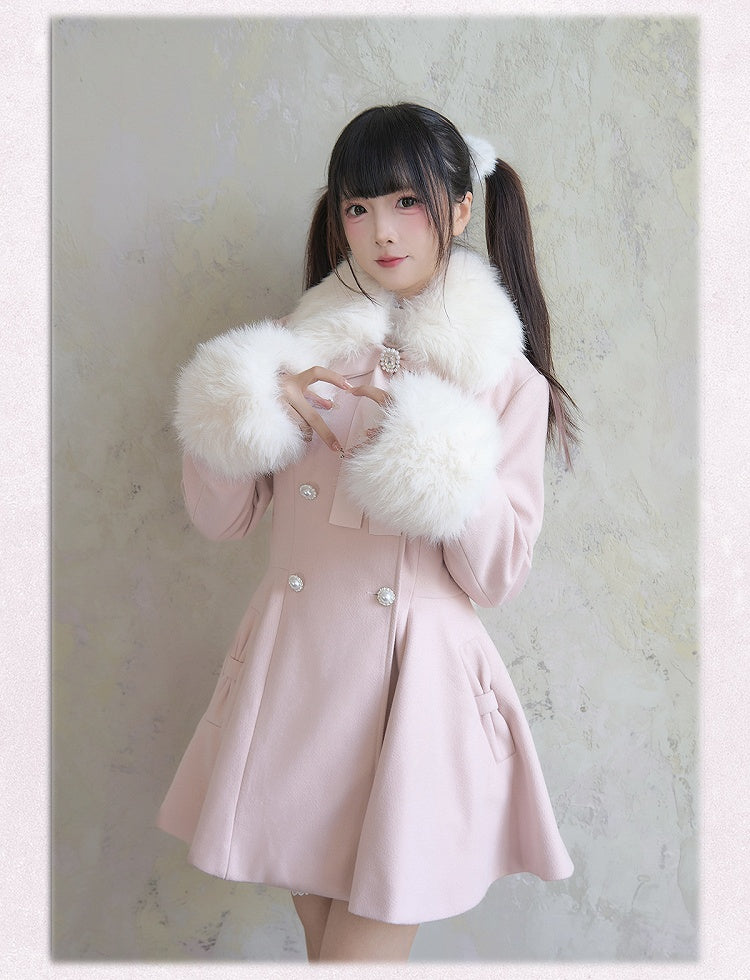 Pink Coat Detachable Jirai Kei Big Bow Fluffy Collar and Cuffs Breasted with Rhinestone Double