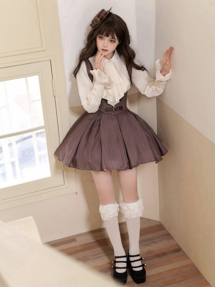 Brown Short Version Under Bust Elegant Classic Lolita JSK + Shirt + Mini Hat + Brooch + Necklace