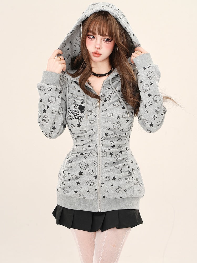 Grey/Apricot Kitty Allover Ruched Design Zip Hoodie