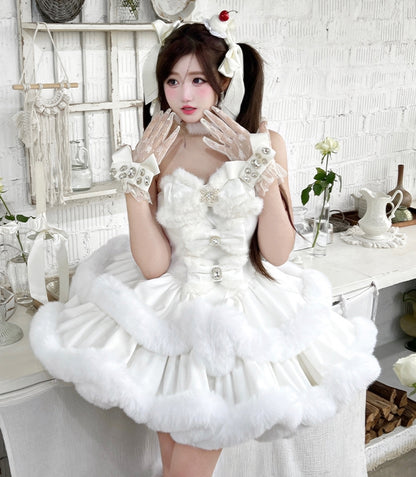 White Snowflake Bows Bodice Plush Trimming Strapless Dress