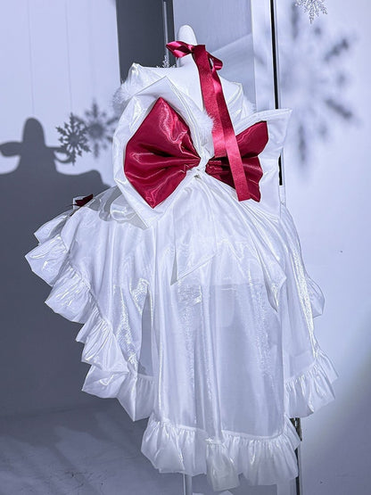 Snowy White Christmas Dress Red Bows Adorned Basque Waist Dress with Big Bow Cascading Train