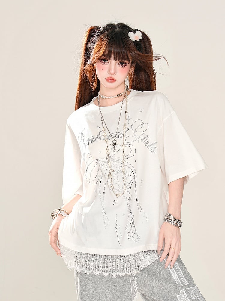 T-Shirt Loose Blue/White Key and Bowknot Print Lace Trim
