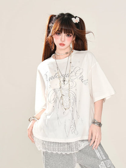 T-Shirt Loose Blue/White Key and Bowknot Print Lace Trim