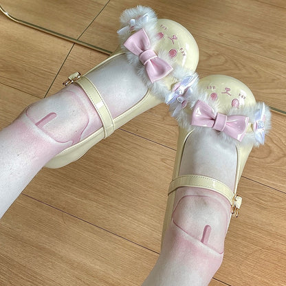 Details Schnallenschuhe Lolita Süßes Gelb-Rosa Häschen Mit Zehen-Ohr Runden Riemen Bowknot Plüsch