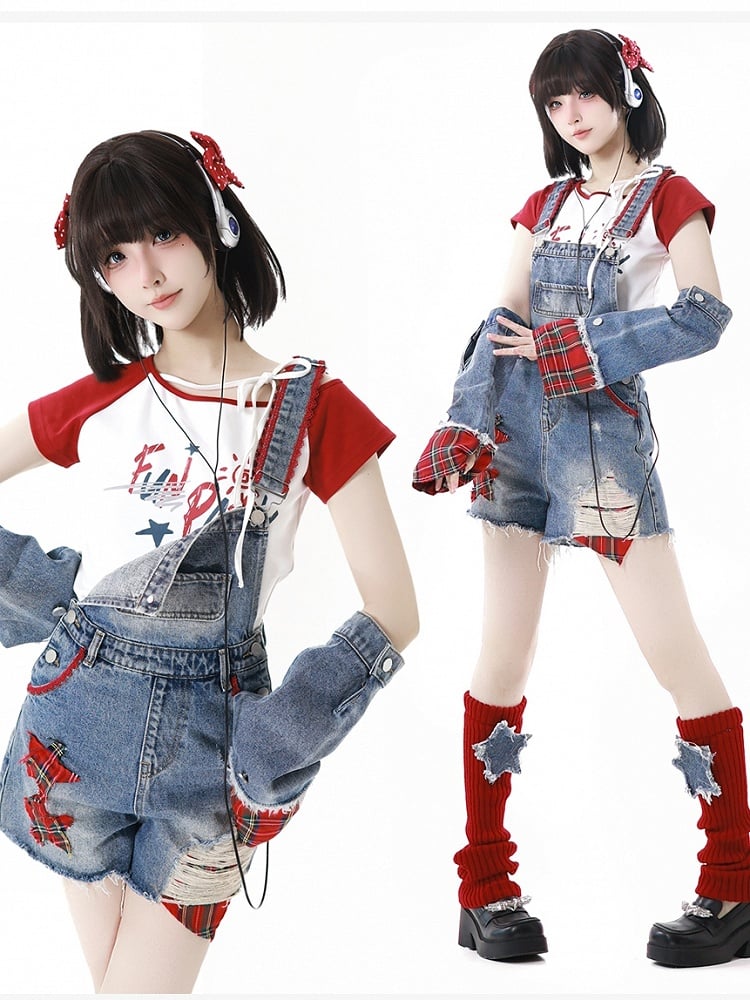 Distressed Denim Shorts Raw with Overall Appliques Blue Star Hem Holes Armwears Plaid Free