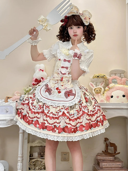 Cottagecore Bowknot at Waist Strawberry and Bunny Print Yellow Country Lolita Sleeveless Details Dress