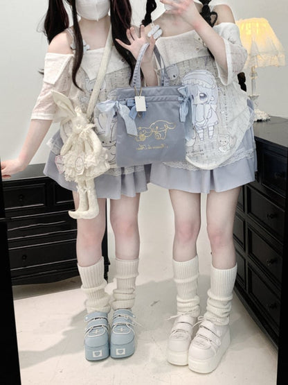 Jirai T-shirt Neckline Kei Kawaii Print Off-the-shoulder White Yami Cartoon