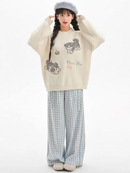 White Cute Puppies Pattern Round Neck Loose Sweater