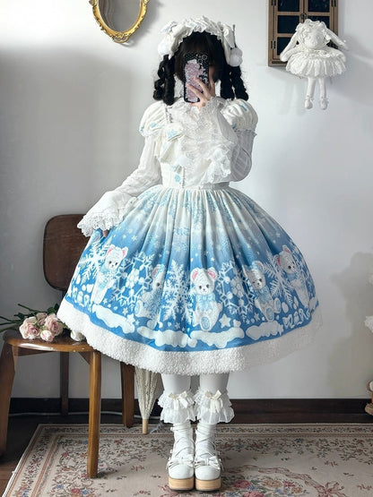 Teddy and Snowflake Blue Winter Fleece Hemline Sweet Lolita Dress