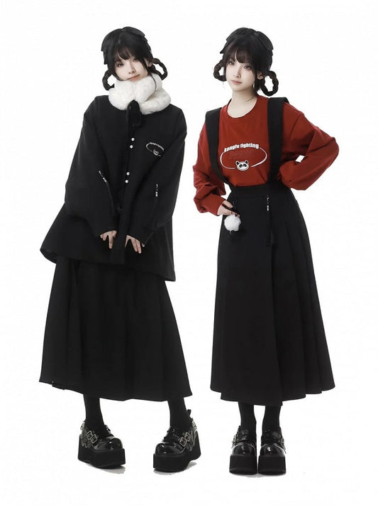 Black Detachable Pompons Overall Pleated Skirt