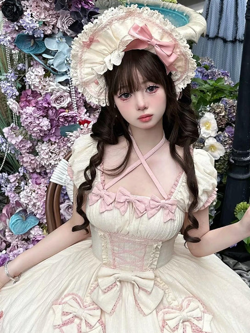 School Old Pink Trim Bonnet Lace Lolita Yellow With Bowknot Details