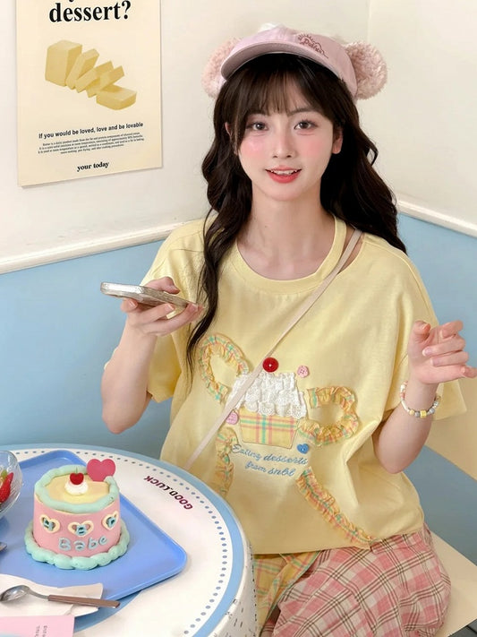 Bowknot Tiered Ruffled Big Cake Yellow Cotton T-shirt Design Lace