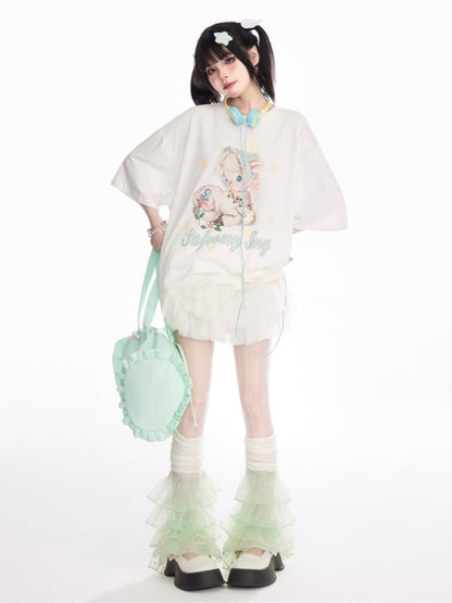T-Shirt White Round Neck Cute Deer Print Loose