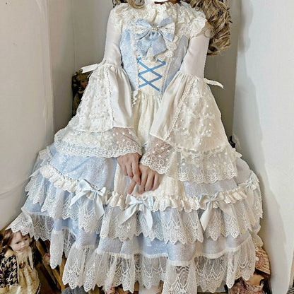 Blue and White Old School Lolita Fashion Dress Bowknot Detais JSK Set