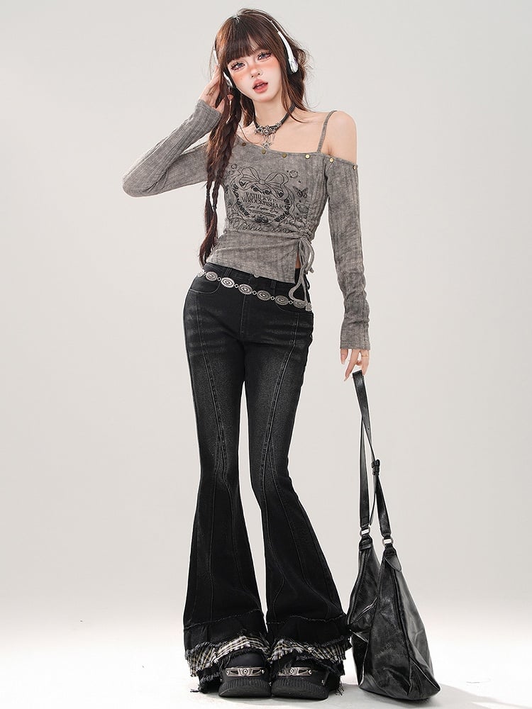 Black Plaid Patchwork Cuffs Fishtail Jeans