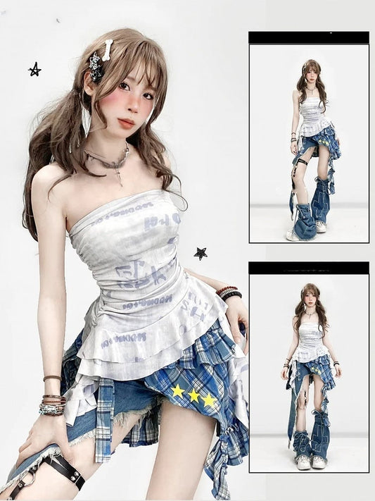 Bittersweet Asymmetrical Glamorous Letter White Hem Print Strapless Top