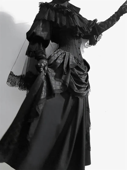 Schwarzer Korsett-Taillenrock mit Knochen und hoher Taille, Aristokratischer Gothic-Lolita-Rock