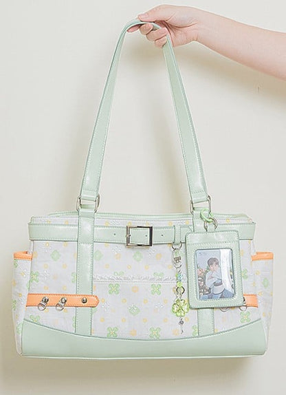 White Green Clover-Themed Large Capacity Tote Ita Bag with Strap Accents And Detachable Ita Card Holder