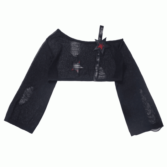 Coverup Black/Gray Star Distressed Holes Punk Rock Strap Hollow-Out Cropped