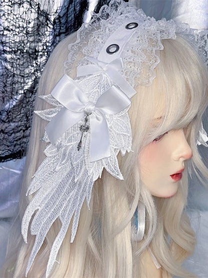 Black/White Cross Wing Lace Trim Gothic Lolita Hairband