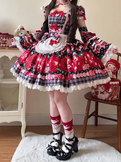 XXL Bust Apron Plaid Print with for 96-111CM Pattern Black Strawberry Sweet Dress Clearance-Size Summer and Lolita