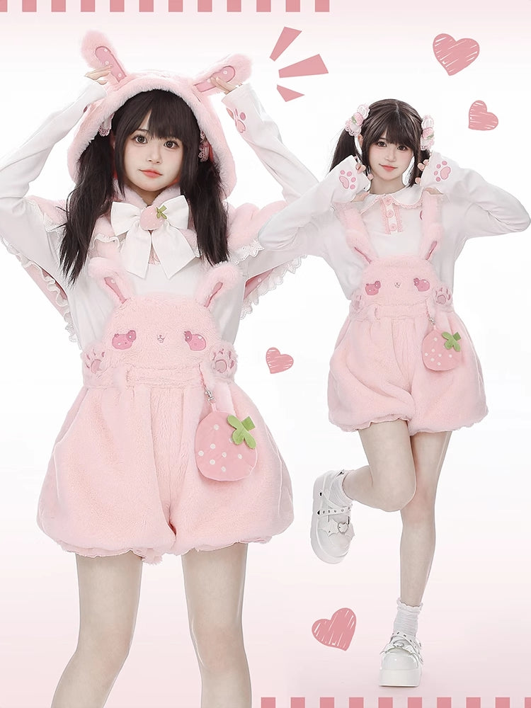 Cape à capuche en peluche avec oreilles de lapin roses et nœud en forme de fraise