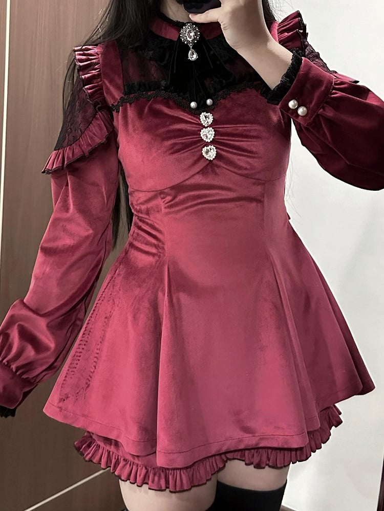 Wine Red Jirai Kei Set Contrast Lace Patches Velvet Landmine Style Dress + Bow Tie + Ruffle Cuffs Shorts